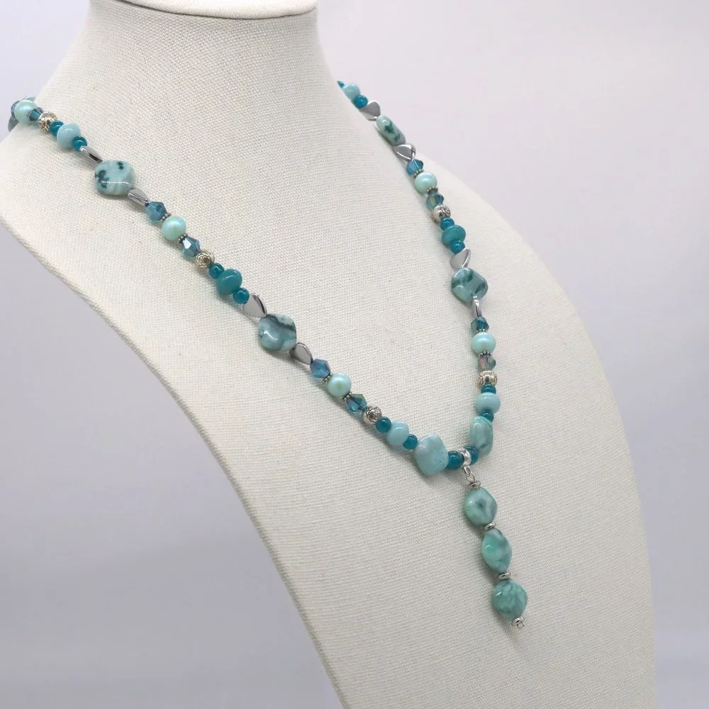 Aqua green Jasmin theme necklace with large silver lobster class. - Picture 2 of 7